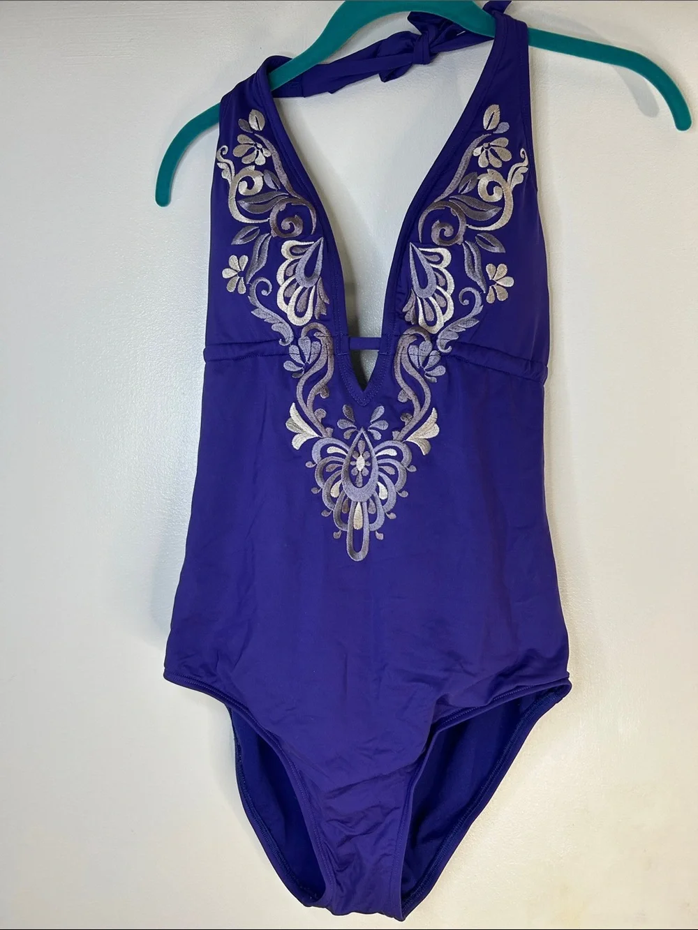 Beautiful Embroidery Accented Purple 1 Piece Swimsuit- Laundry By Shelli Segal